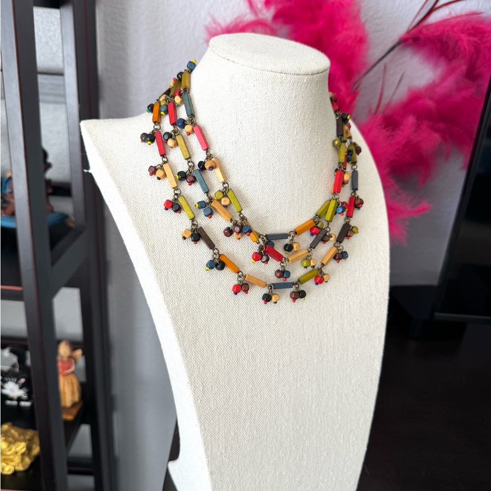 Artisan Multicolor Wood Beaded Necklace - Picture 6 of 9